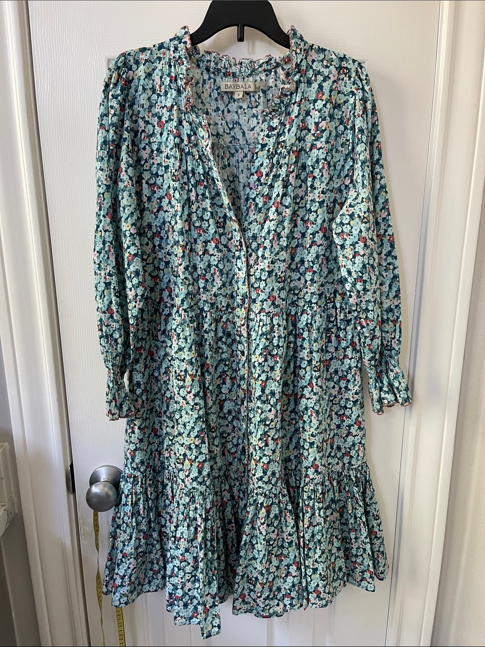 Baybala Turquoise Floral Tiered Long-Sleeve Dress